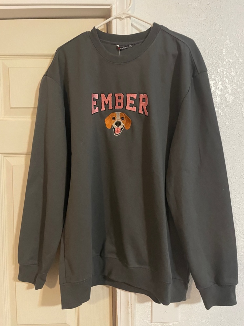 Ember Embroidered Crewneck Sweatshirt - Gray with Pink Lettering